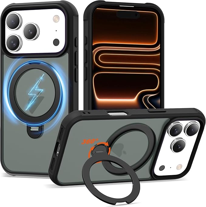 Compatible with iPhone 17 Pro Case with Invisible Magnetic 360°Spin Stand,Military-Grade Shockproof Protection [Compatible with Mag-Safe] Non-Slip Edge Translucent Case (6.3",Black)