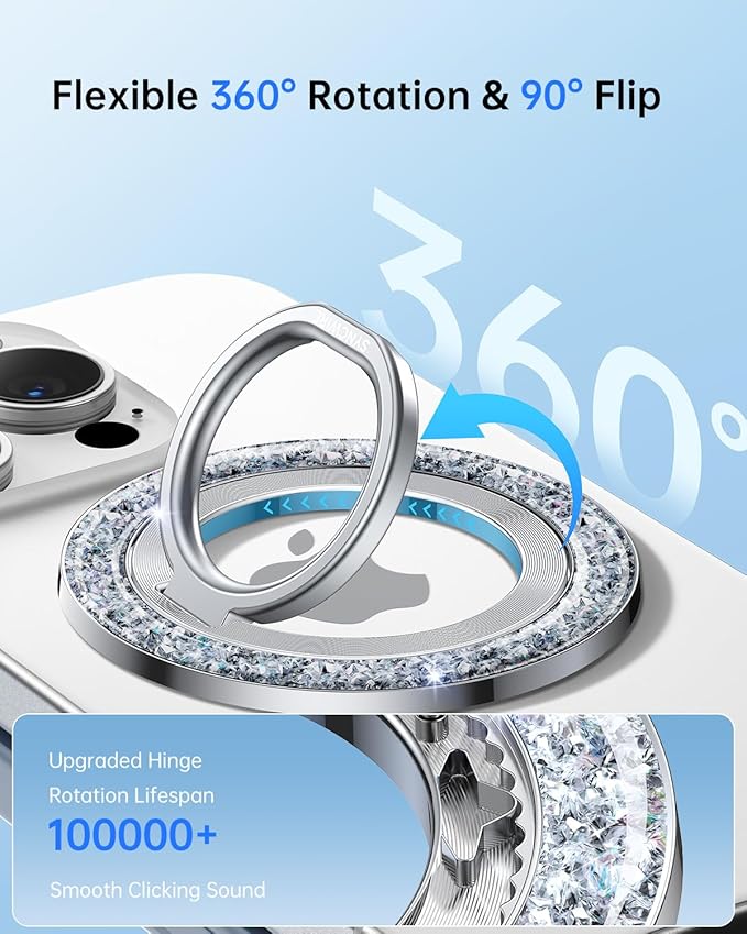 SYNCWIRE Magnetic Phone Ring Holder for MagSafe - Glitter Phone Grip Stand with 360° Rotation & Reinforced Hinge, Compatible with iPhone 16 15 14 13 Pro Max Plus MagSafe Accessories - Glitter Silver