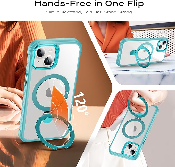 Anqrp O-Ring Magnetic Kickstand Clear Case for iPhone 14/13, Compatible with Mag-Safe, Military-Grade Reinforced 4-Corners Anti-Yellowing Transparent Phone Case Cover for iPhone 13/14, Teal
