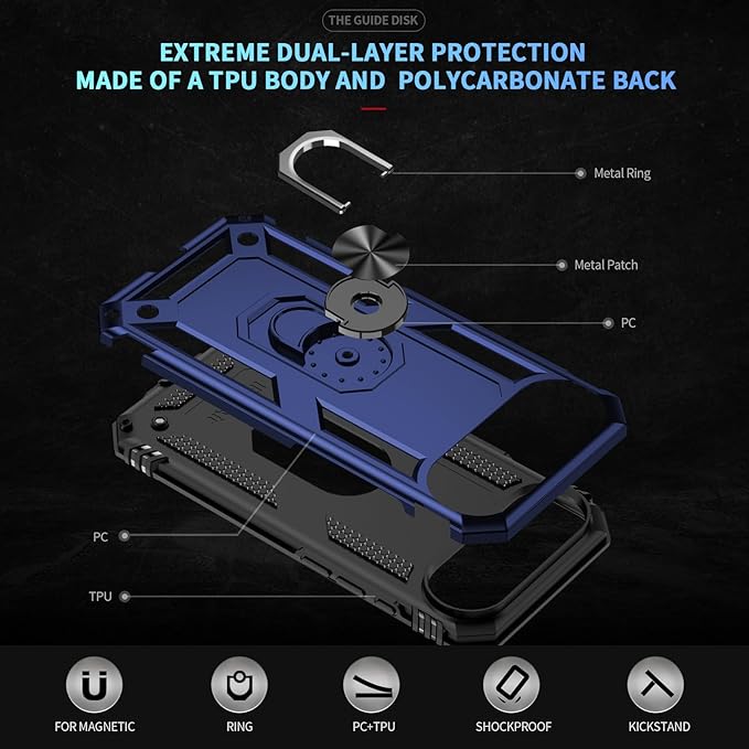 ADDIT Compatible with iPhone 17 Air Case with Tempered Glass Screen Protector, Adjustable Kickstand Ring, Military-Grade Heavy Duty Protection, Shockproof, Anti-Fingerprint,Blue