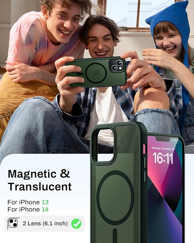 Magnetic for iPhone 13 Case & iPhone 14 Case, Compatible with MagSafe, Military Grade Drop Protection, Slim Fit Shockproof Anti-Fingerprint Translucent Matte Phone Protective Cover, Deep Green