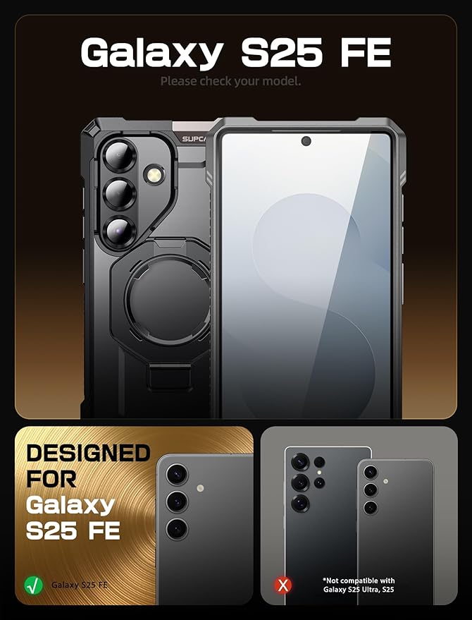 SUPCASE for Galaxy S25 FE Case with Stand (Unicorn Beetle Grip), [Compatible with MagSafe] [Military-Grade Protection] Heavy Duty Magnetic Phone Case for S25 FE 6.7 Inch, Black