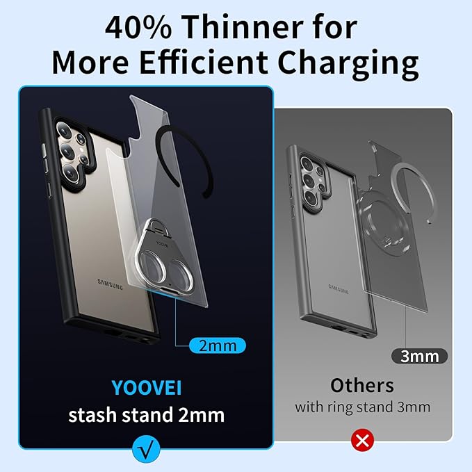 for Samsung Galaxy S24 Ultra Case Clear with Ring Holder,Kickstand 360°Rotatable Invisible Magnetic Built-in Stand [Compatible with MagSafe] [Drop Protection] Slim Soft Edge Cover,Black