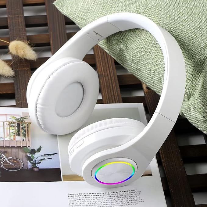 Wireless Bluetooth Headphones with Colorful LED Lights, Built-in Mic, Light Weight, Foldable, Wired HiFi Stereo Headphones for Classroom/Home Office/PC/Mobile Phone/Kids Adult (White)