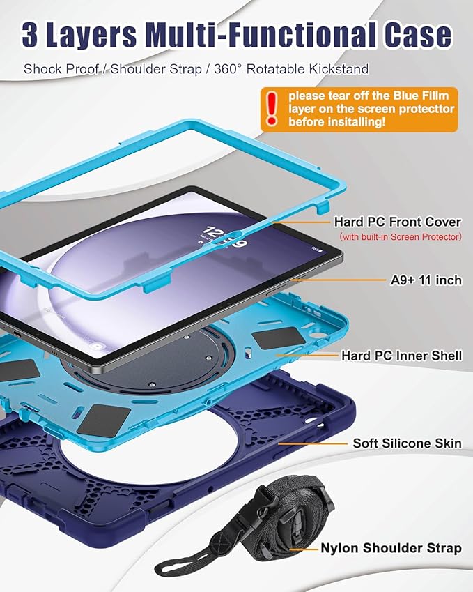 BRAECN Case for Samsung Galaxy Tab A9+ Plus Case 11 Inch 2023 SM-X210/X216/X218, Heavy Duty Silicone Cover with 360 Degree Rotating Stand, Screen Protector, Shoulder Strap, Stable Kickstand, Navy Blue