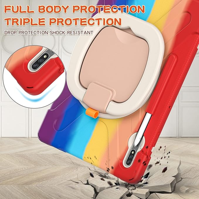 360 Rotation Portable Case for Galaxy Tab S8+/S7 FE/S7+ 12.4 Inch Case with S Pen Holder Rugged Case Rotating Stand Hand Strap Shoulder Carrying Strap Outdoor Cover (Colourful Red)