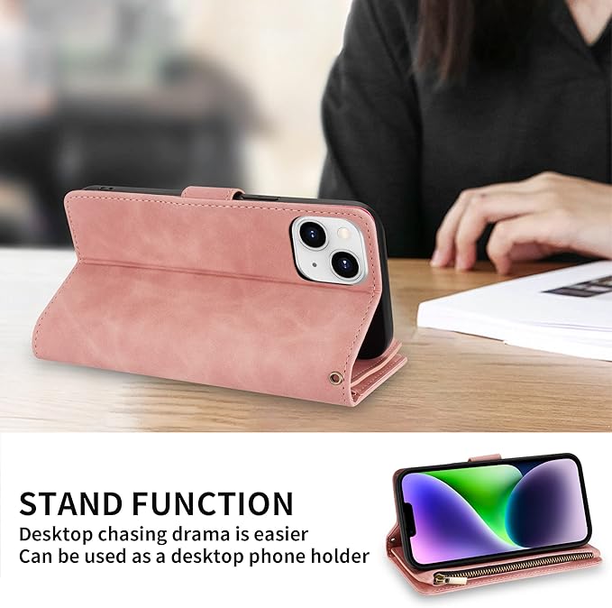 ZZXX for iPhone 14 Plus Case Wallet with [RFID Blocking] Card Slot Premium Soft PU Leather Zipper Flip Folio with Wrist Strap Kickstand Protective Cover for iPhone 14 Plus Wallet Case(Pink-6.7 inch)