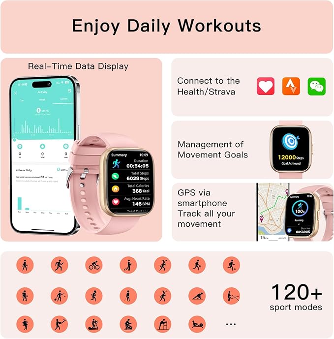 Smart Watches for Women, 1.85" Fitness Watch Answer/Make Calls, Fitness Tracker with Pedometer/Calories, 24/7Heart Rate/SpO2/Sleep Tracker, Waterproof Smart Watch for Android iPhone(2 Straps)