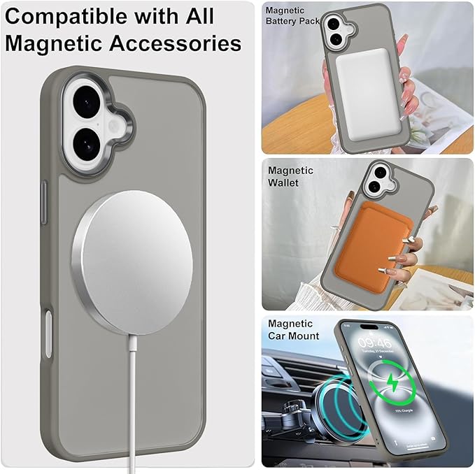 ZIYE Gray Case for iPhone 16 Plus Case with Stand [Compatible with MagSafe] Slim Heavy Duty Protection Military Grade Shockproof Magnetic Cover with 360 Rotatable Ring Kickstand for Women Men