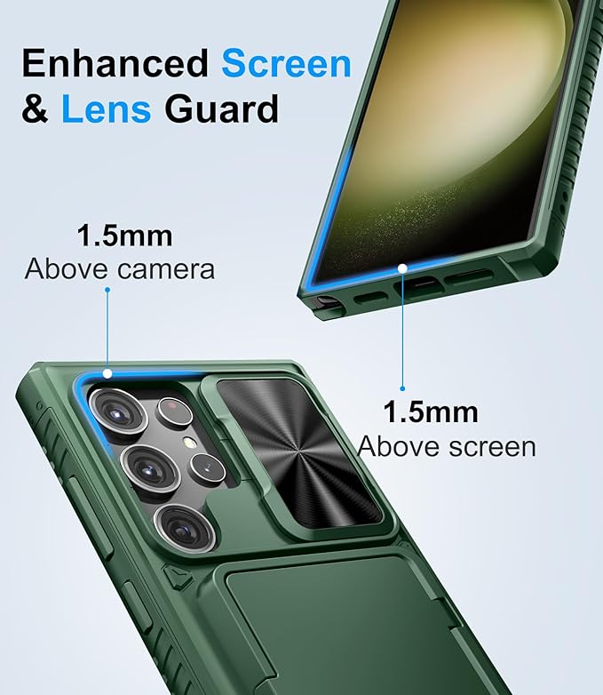 for Samsung Galaxy S23 Ultra Case with Card Holder (Store 4-5 Cards) & Kickstand & Slide Lens Cover, Military Grade Drop Protection, Rugged Silicone Wallet Case for Samsung S23 Ultra, Green