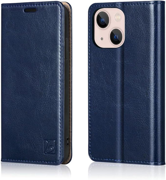 Belemay Compatible with iPhone 14 Plus Wallet Case-Genuine Leather Flip Phone Case-RFID Blocking Card Holders-Shockproof TPU Shell Folio Cover Women Men Compatible with iPhone 14 Plus (6.7-inch) Navy