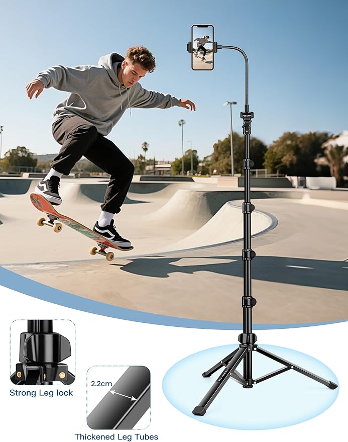 Phone Tripod Stand, 85" Tall Cellphone Tripod for iPhone with Gooseneck Remote, Flexible Portable Phone Stand for Recording, Compatible with iPhone 14 13 12 pro Android Camera