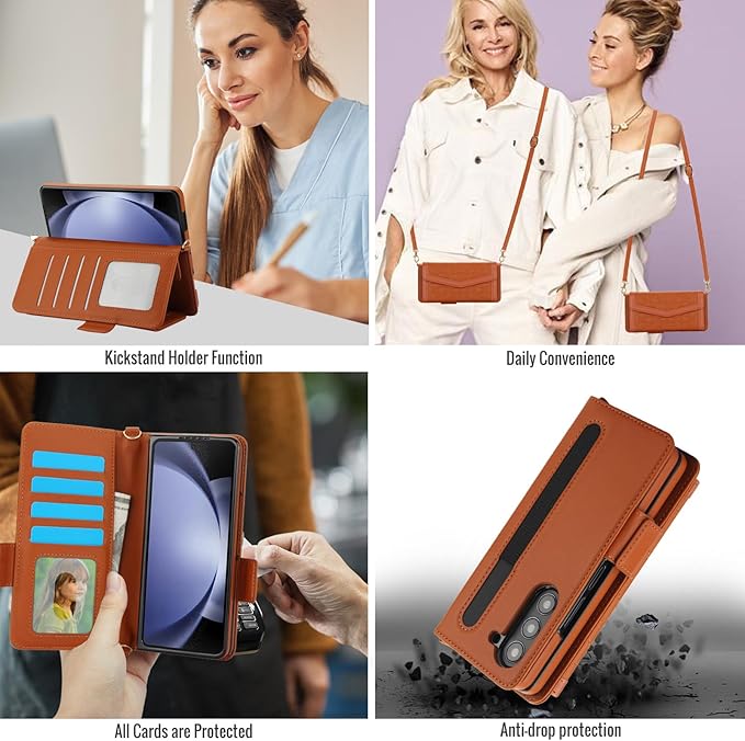for Samsung Galaxy Z Fold 7 Wallet Case - Stitching Pattern RFID Blocking Card Holder, S Pen Slot Crossbody Strap, Full Body Protection Flip Cover for Women Brown