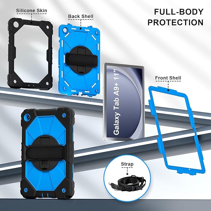 Case for Samsung Galaxy Tab A9+ 11 Inch 2023 (X210/X216/X218), Heavy Duty Shockproof Rugged 360 Rotating Hand Strap Protective Case for Galaxy Tab A9 Plus Tablet, Black+Blue