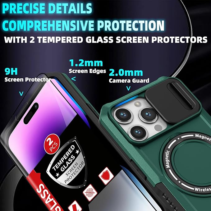 for iPhone 14 Pro Case Magnetic Compatible with MagSafe Wireless Charging,Built-in Kickstand,with Camera Cover,with 2 Screen Protectors,Anti-Scratch Shockproof Heavy Duty Protection Red