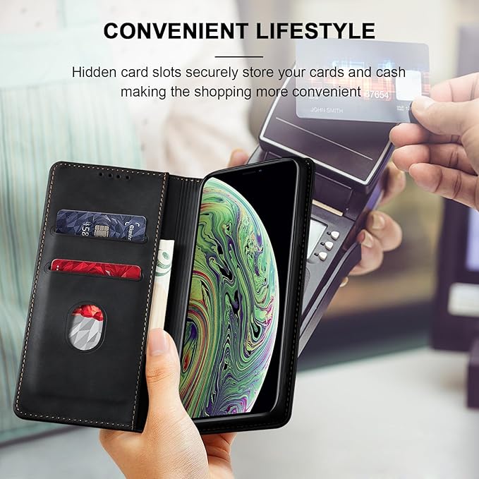 Jasonyu Flip Wallet Case for iPhone X/XS,Leather Magnetic Folio Cover with Card Holder,Kickstand - TPU Shockproof Durable Protective Phone Case,Black