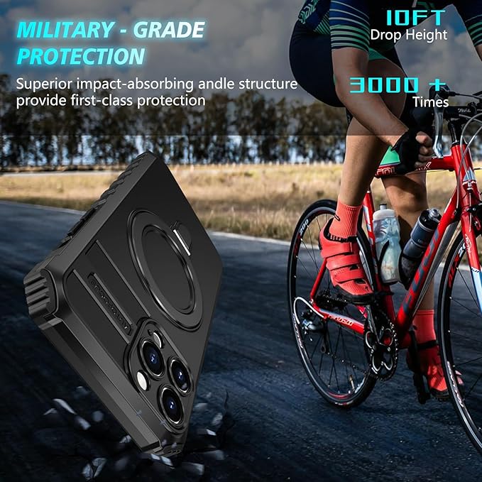 for iPhone 13 Pro Case Magnetic Compatible with MagSafe Wireless Charging,with 2 Screen Protector,with Kickstand Ring Shockproof Shock-Absorbent Heavy Duty Protection Scratch Resistant Black