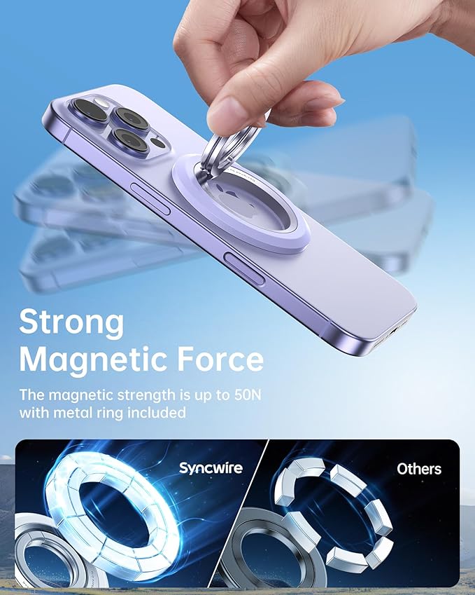 SYNCWIRE Magnetic Phone Ring Holder for MagSafe, 360° Rotation Dual Sided Magnet Grip Cell Phone Ring Stand Finger Kickstand Compatible with iPhone 16 15 14 13 12 Pro Max fits MagSafe - Purple