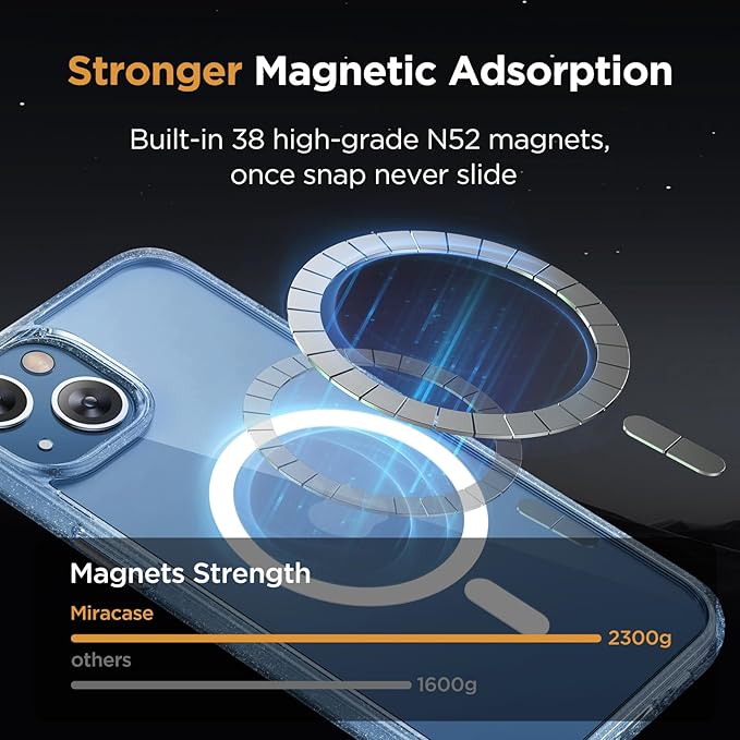 Miracase Magnetic for iPhone 13 Case 6.1 inch (Compatible with MagSafe)（with 2X Screen Protectors） Military-Grade Protection, Anti-Fingerprint Translucent Matte Phone Case Cover, Glitter Clear