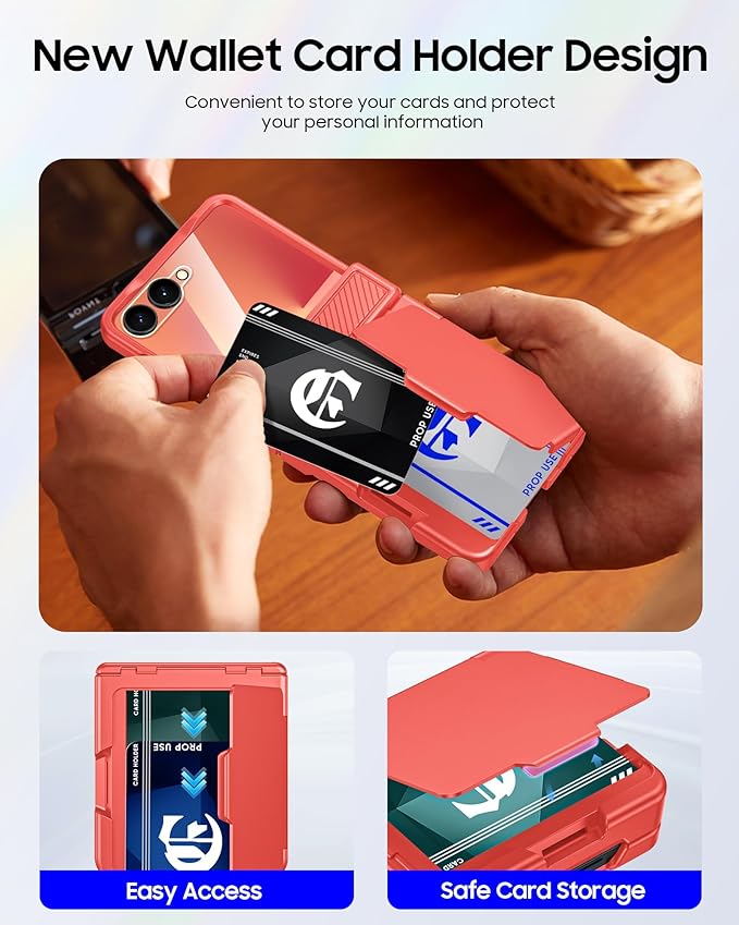 CENMASO for Samsung Galaxy Z Flip 7 Case with Card Holder [RFID Blocking] & Hinge Protection & HD Screen Protector, Rugged Anti-Scratch Full-Body Shockproof Phone Case for Z Flip 7-Coral Red