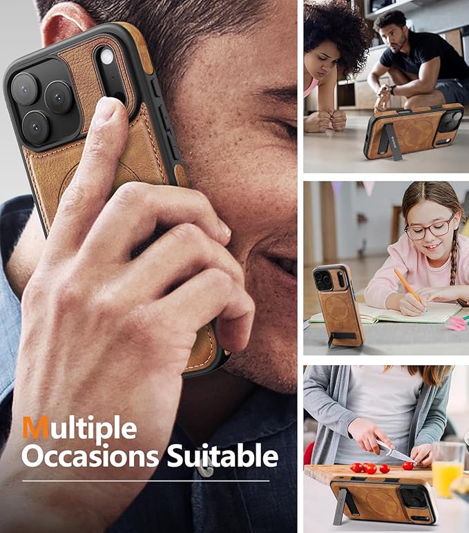 Magnetic for iPhone 17 Pro Leather Case,Built-in Invisible Stand [Compatible with Magsafe] Protective Slim Kickstand Phone Cover for iPhone 17 Pro Case, Brown