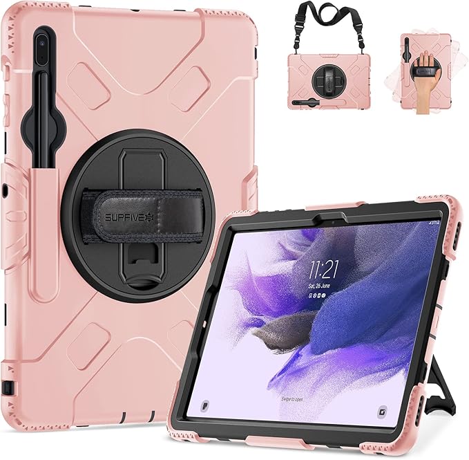 SUPFIVES Case for Samsung Galaxy Tab S7 FE 12.4 Inch 2021 : [Upgraded Military Grade] Full-Body Rugged Protective Soft Silicone Cover - Kick Stand- Handle/Shoulder Strap- S Pen Holder- Pink