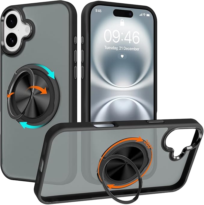 ZIYE Black Case for iPhone 16 Case with Stand [Compatible with MagSafe] Slim Heavy Duty Protection Military Grade Shockproof Magnetic Cover with 360 Rotatable Ring Kickstand for Women Men