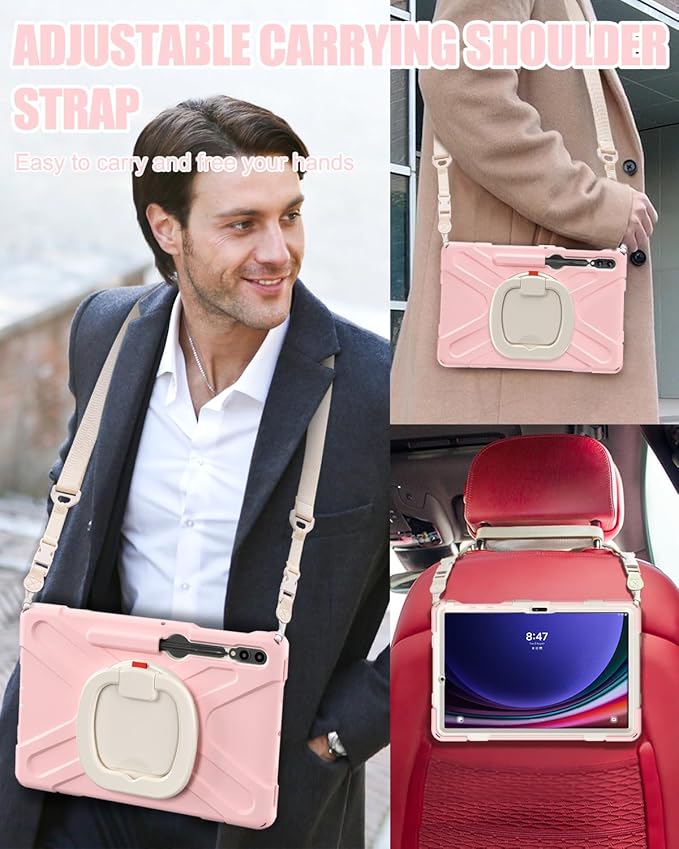 BRAECN Case for Samsung Galaxy Tab S10+/S9 FE+/S9+ 12.4” 2024, Rugged Silicone Cover with Shoulder Strap/S Pen Holder/Screen Protector/Kickstand/Handle Grip for Tab S9+/S8+/S7 FE/S7+, Sakura Pink