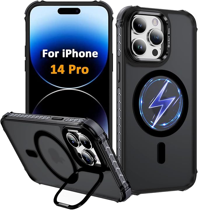 Magnetic for iPhone 14 Pro Case Black with MagSafe Wireless Charging Heavy Duty Military-Grade Shockproof Protection Adjustable Kickstand Slim Matte Anti-Fingerprint Cover Men Women