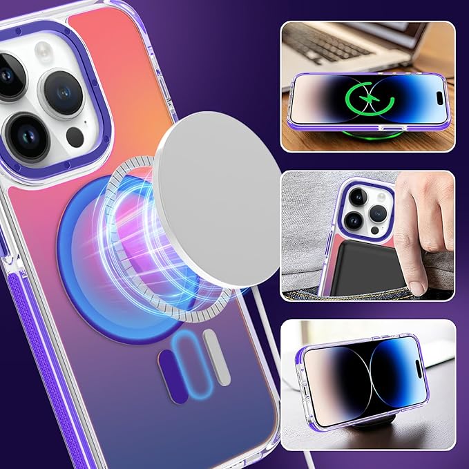 MOWIME Magnetic Case for iPhone 14 Pro [Compatible with Magsafe] [Cute Fashion Fluorescent Design] [1 Screen Protector] Slim Translucent Matte Case for iPhone 14 Pro 6.1" 2022, Purple