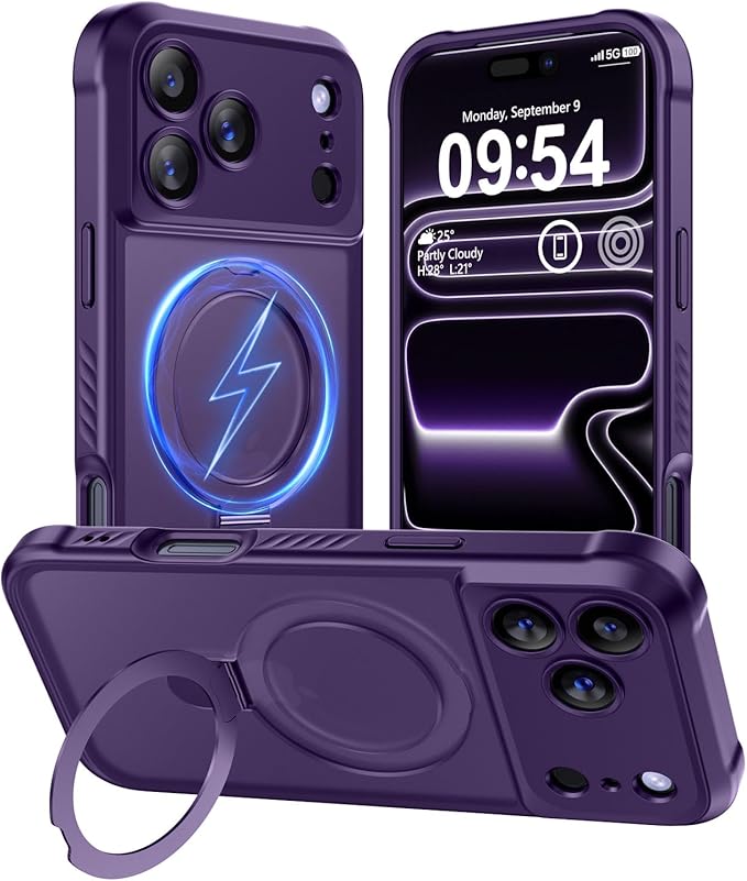 MOCCA Compatible with iPhone 17 Pro Case with Magnetic Invisible Stand [Full Camera Protection] [Compatible with Magsafe] Military Drop Shockproof Translucent Matte Phone Case Cover 6.3",Deep Purple
