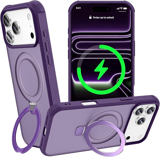 Magnetic Compatible with iPhone 17 Pro Max Case with Stand [Military Grade Drop Tested][Compatible with Magnet] Ring Translucent Slim Hard Back Soft Edge, Purple
