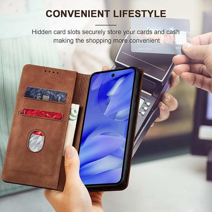 Jasonyu Flip Wallet Case for Google Pixel 9A,Leather Magnetic Folio Cover with Card Holder,Kickstand - TPU Shockproof Durable Protective Phone Case,Brown