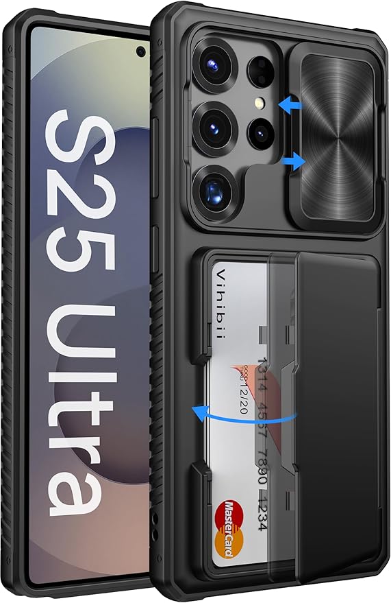 Vihibii for Samsung Galaxy S25 Ultra Case with Card Holder (4 Cards), [RFID Blocking] & Slide Camera Cover & Military Grade Drop Protection, Heavy Duty Wallet Cover for Samsung Galaxy S25 Ultra, Black