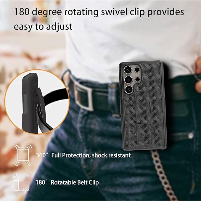 Ailiber for Samsung Galaxy S25 Ultra Case with Belt Clip, S25 Ultra Phone Case Holster with Screen Protector, Swivel Removable 2-in-1 Stand Holder, Slim Shockproof Shell Pouch Cover-Black