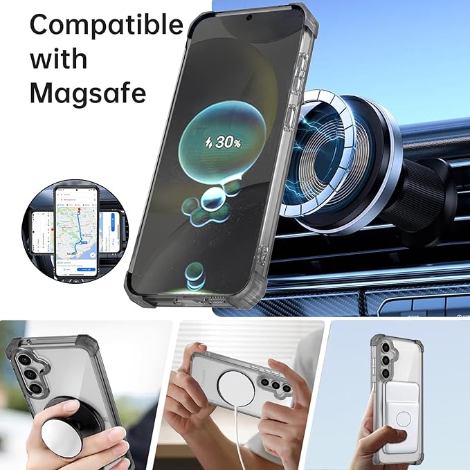 for Samsung Galaxy S24 Case Magnetic Compatible with MagSafe Wireless Charging,with 360°Kickstand Ring,for S24 Phone Case with Screen Protector,Military Grade Drop Protection Shockproof Black