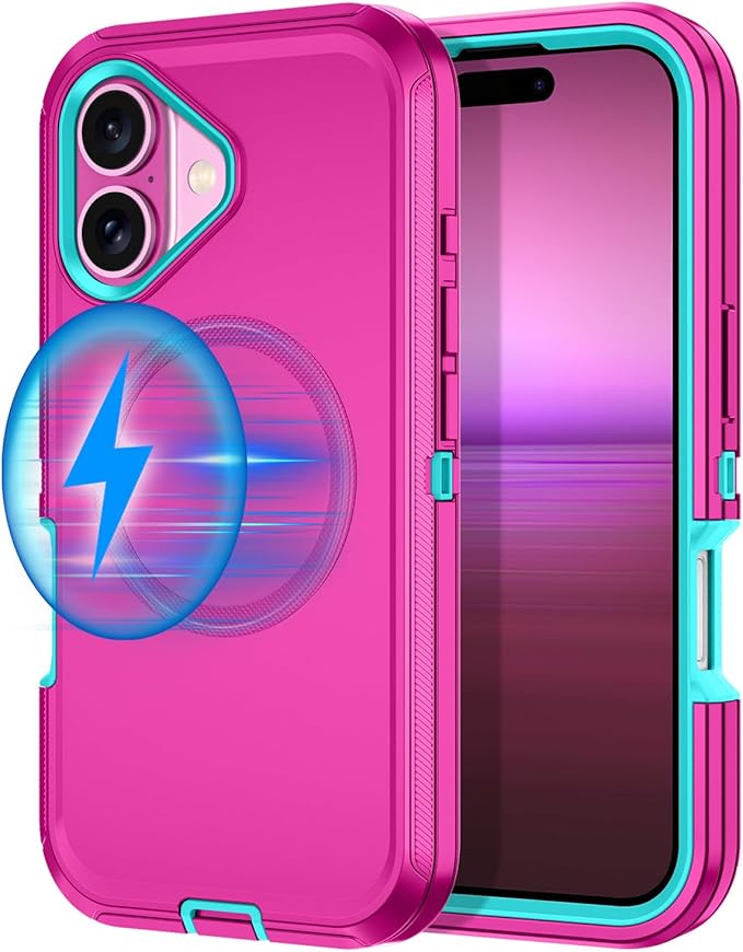 for iPhone 16 Case [Compatible with MagSafe] Shockproof 3-Layer Full Body Protection [Without Screen Protector] Rugged Heavy Duty Cover Case for Apple iPhone 16 6.1",Rose Red/Green