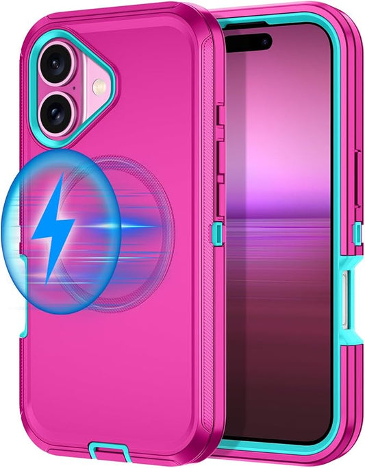 for iPhone 16 Case [Compatible with MagSafe] Shockproof 3-Layer Full Body Protection [Without Screen Protector] Rugged Heavy Duty Cover Case for Apple iPhone 16 6.1",Rose Red/Green