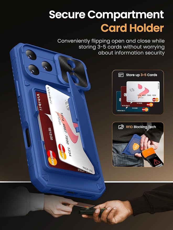 Vihibii for iPhone 17 Pro Max Case with Card Holder (4 Cards) [RFID Blocking] & Slide Camera Cover, Military Grade Drop Protection, Rugged Hard Back & Silicone Edge Wallet Phone Case 2025, Royal Blue