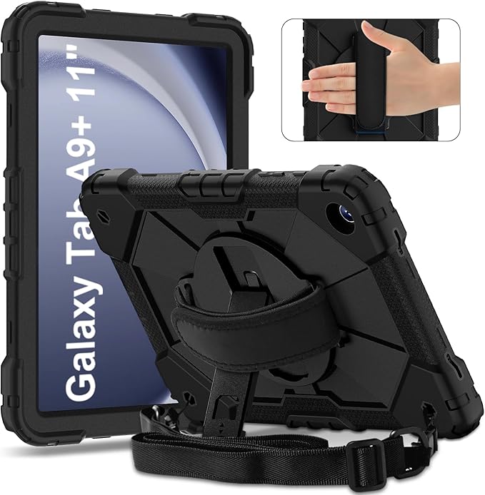 for Samsung Galaxy Tab A9 Plus 11 Inch 2023 (SM-X210/X216/X218), Heavy Duty Hard PC Soft Silicone Rugged Protective Kickstand Shoulder Strap Handle Grip Case for Samsung A9 Plus 11 Inch 2023