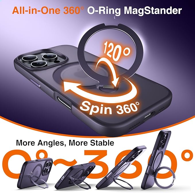 360° O-Ring MagStander for iPhone 16 Pro Max Case with Magnetic Kickstand Ring Holder [Compatible with MagSafe][360°Rotate Stand][Military Shockproof] iPhone 16 Pro Max Phone Cover Purple
