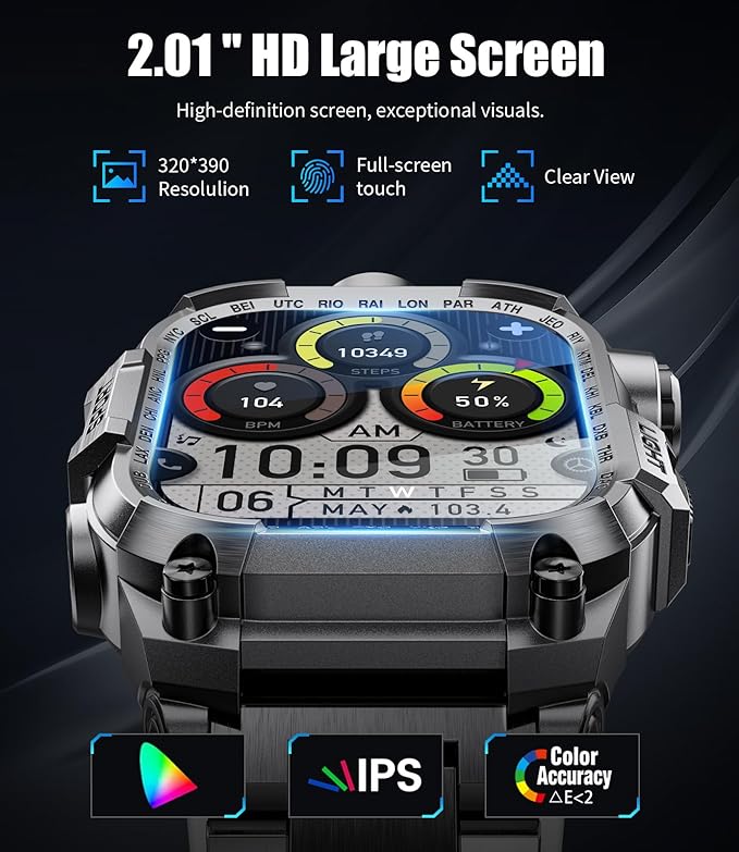 Military Smart Watches for Men(Answer/Make Calls),2.01"HD Screen Sports Smartwatch with LED Flashlight,700mAh Battery,Heart Rate/Sleep Monitor Fitness Tracker for Android iOS,100+Sport Modes,Black