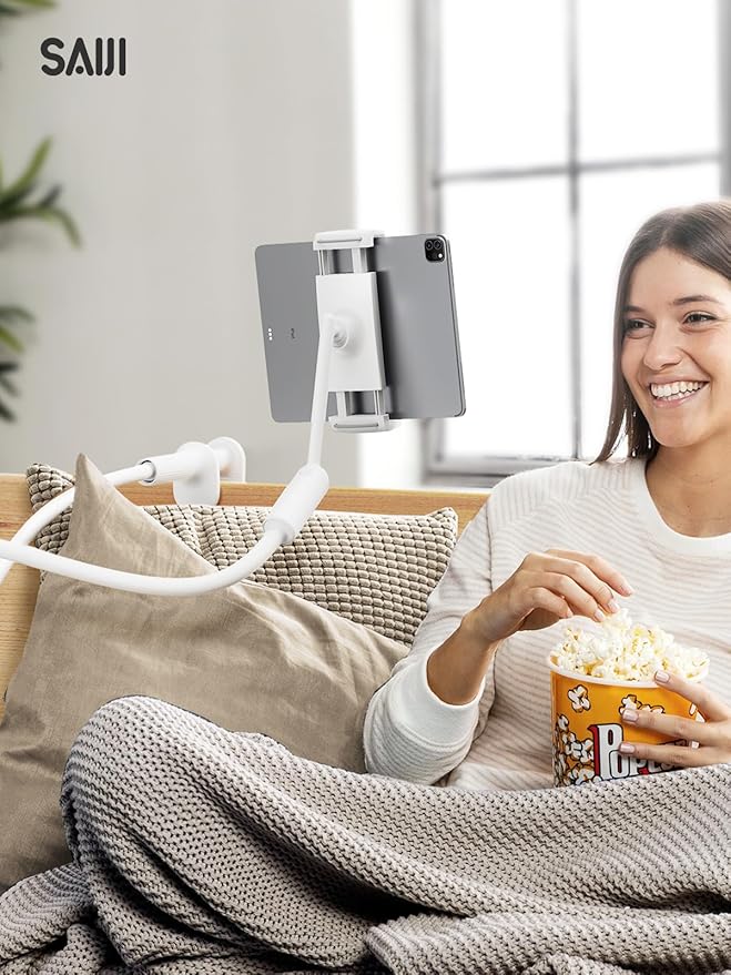 SAIJI Gooseneck Tablet Holder for Bed, One-Hand Adjustable, 47" Length, Upgraded Base, iPad Holder Stand Flexible Lazy Arm, Compatible with iPad/iPhone/Kindle/Switch or Other 4.7-13" Device (White)