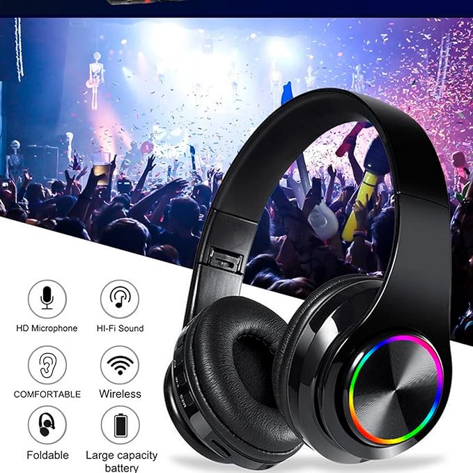 Wireless Bluetooth Headphones with Colorful LED Lights, Built-in Mic, Light Weight, Foldable, Wired HiFi Stereo Headphones for Classroom/Home Office/PC/Mobile Phone/Kids Adult (Black)