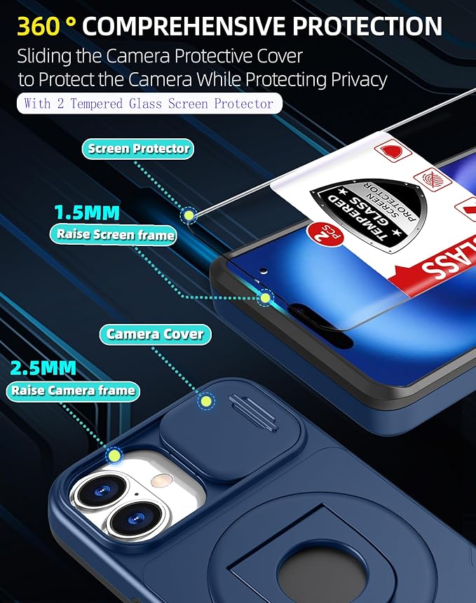 for iPhone 16 Case Magnetic Compatible with MagSafe Wireless Charging with 2 Screen Protectors,16 Case Built-in Kickstand Ring Camera Heavy Duty Protection Military Grade Drop Shockproof Blue
