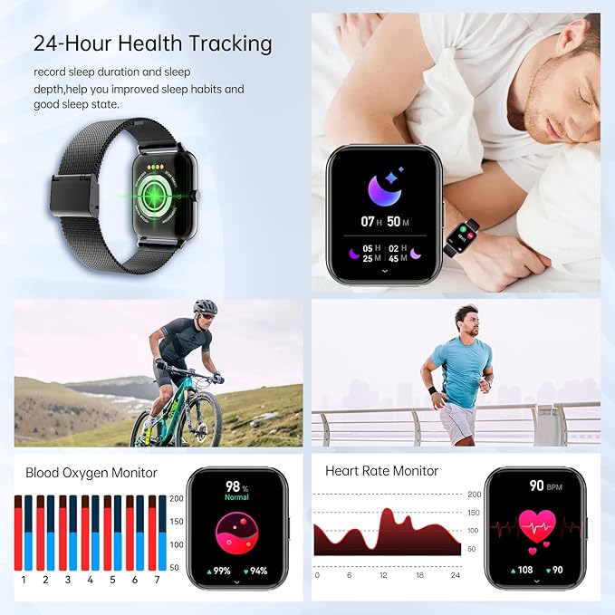 Smart Watch for Men Women (Answer/Make Calls) 1.85" HD Fitness Tracker Smartwatch Compatible Android iOS Phones with Step Counter/Heart Rate/Sleep,120+ Sports Modes IP68 Waterproof, Black 2 Bands