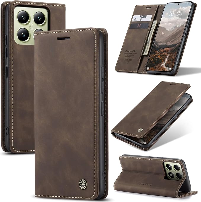 for Xiaomi 14T Case, Flip Wallet Leather Case with Card Holder Magnetic Closure Shockproof Kickstand Protective Phone Cases Cover for Xiaomi mi 14T, Coffee
