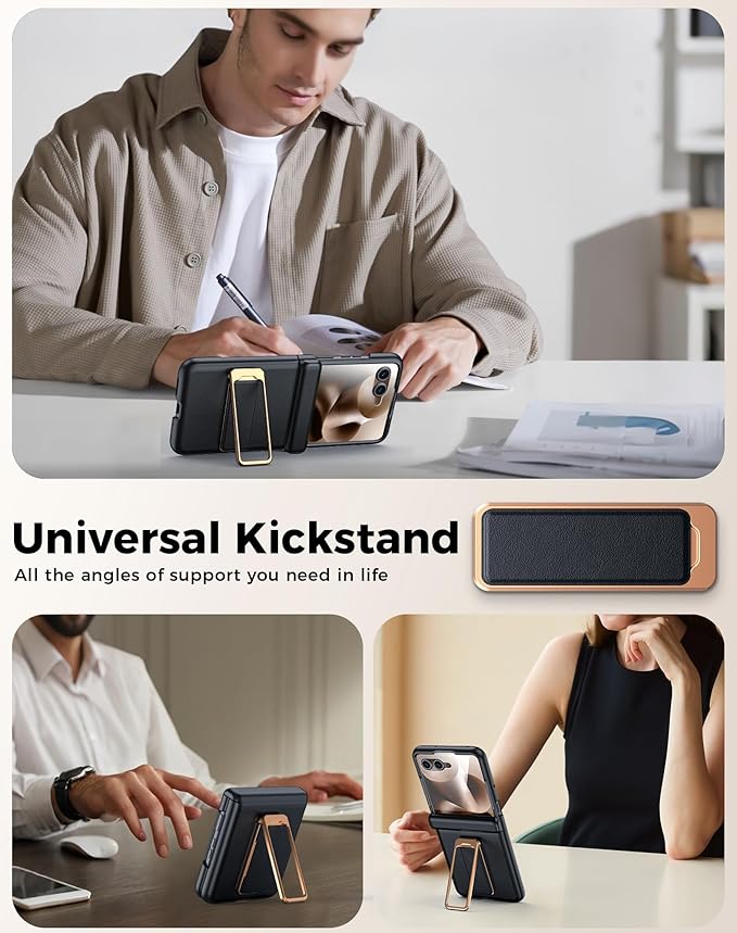 for Motorola Razr Ultra 2025 Case, Built-in Screen Protector & Hinge Protection & 360° Spin Stand & Hand Strap, Ultra Thin Genuine Leather Shockproof Phone Case for Razr Ultra 2025(Black)