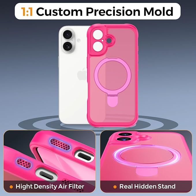 MOCCA Compatible with iPhone 17 Case with Magnetic Invisible Stand [Full Camera Protection] [Compatible with Magsafe] Military Drop Shockproof Translucent Matte Phone Case Cover 6.3",Hot Pink