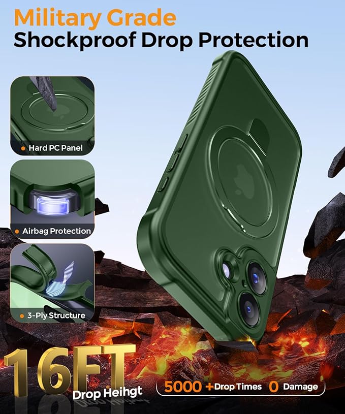 MOCCA Compatible with iPhone 17 Case with Magnetic Invisible Stand [Full Camera Protection] [Compatible with Magsafe] Military Drop Shockproof Translucent Matte Phone Case Cover 6.1",Dark Green